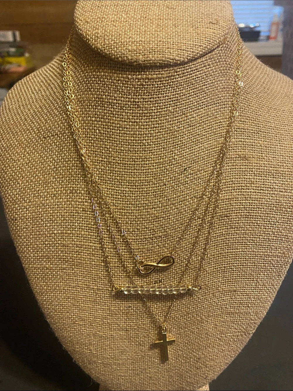 Gold Layered Infinity, Bar and Cross Necklace Set